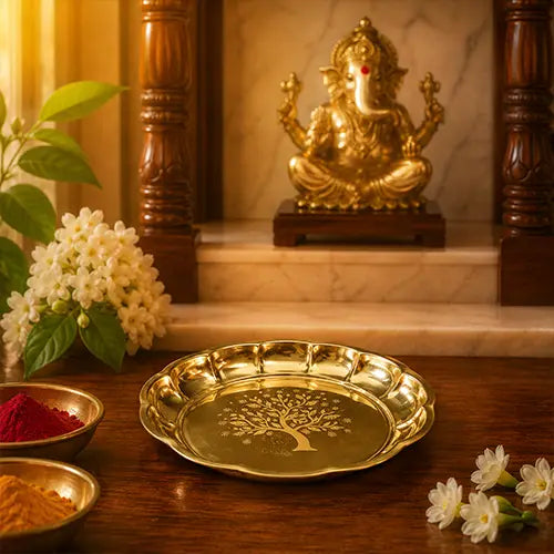 Brass Plate|Ritual Thali Plate/ Parat Plate/ Pooja Plate|Engraved tree Designed Plate