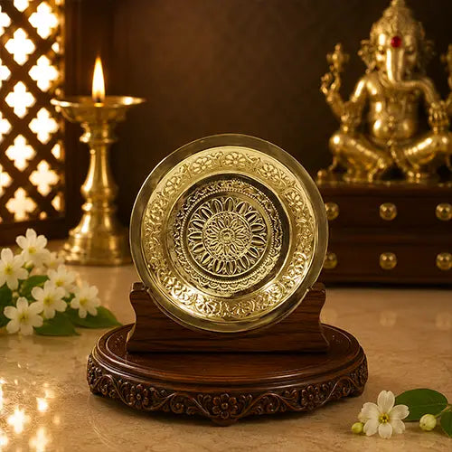 Brass Plate|Parat plate/Pooja thali| Engraved flower Designed Plate