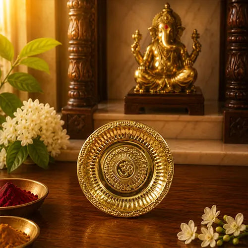 Brass Plate|Pooja Plate|Engraved Om Designed Plate - Medium Size