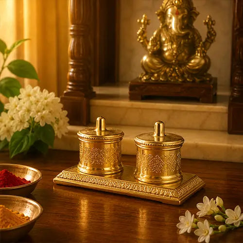 Roli Chandan Chawal Akshat Haldi Double Dabbi Kumkum Box for Gift and Pooja Purpose Showpiece