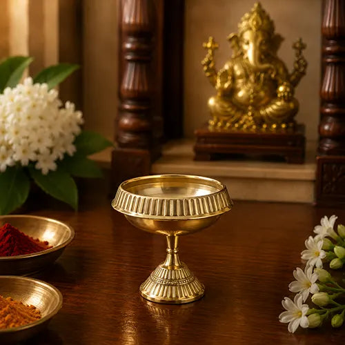 Brass Kuber Nanda Diya Stand | Deepam for Home & Office | Table Diya  - Small Size