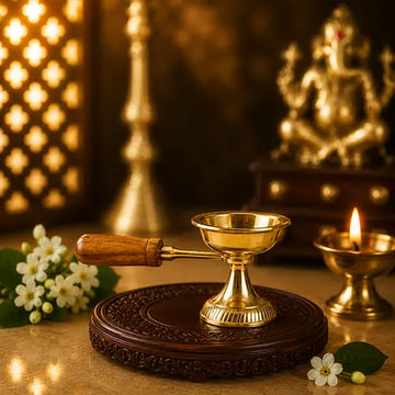 Brass Loban Burner Aarti Dhoop Diya with Wooden Handle | Harathi Stand for Pooja
