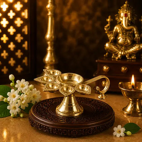 Brass Panch Aarti Diya with Handle Diya Stand|Golden|Pooja