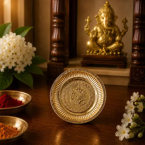 Copper Pooja Plate with Ganesh Design | Puja Thali | Traditional Plate -Medium Size