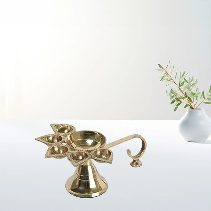 Brass Panch Aarti Diya with Handle Diya Stand|Golden|Pooja