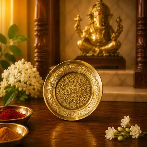 Brass Plate|Parat plate/Pooja thali| Engraved flower Designed Plate