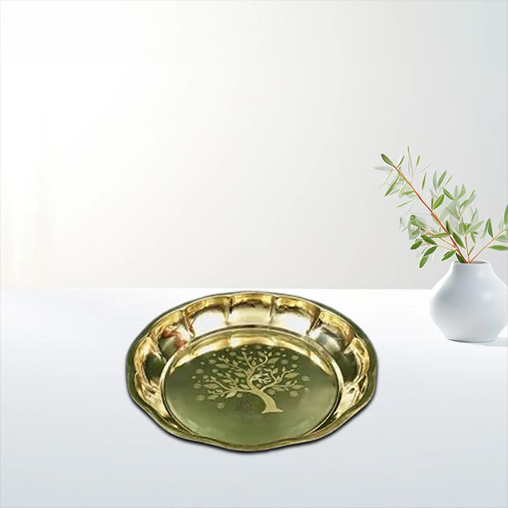 Brass Plate|Ritual Thali Plate/ Parat Plate/ Pooja Plate|Engraved tree Designed Plate