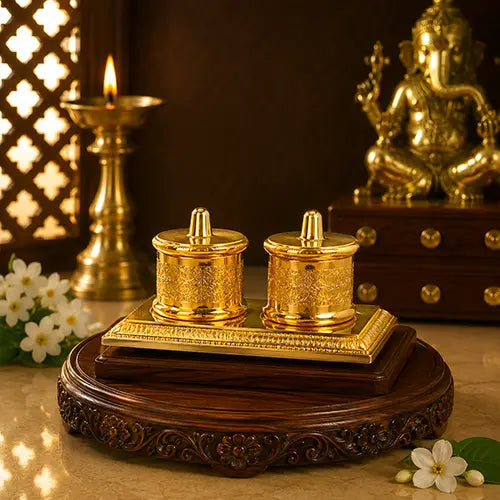 Roli Chandan Chawal Akshat Haldi Double Dabbi Kumkum Box for Gift and Pooja Purpose Showpiece