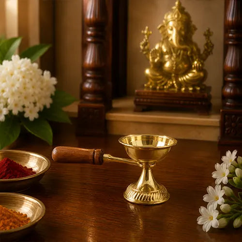 Brass Loban Burner Aarti Dhoop Diya with Wooden Handle | Harathi Stand for Pooja