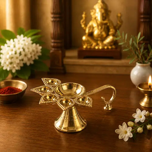 Brass Panch Aarti Diya with Handle Diya Stand|Golden|Pooja