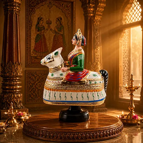 Horse doll pair 11 inches| Poikkal Kuthirai attam (white & Green)