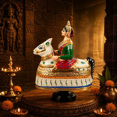 Horse doll pair 11 inches| Poikkal Kuthirai attam (white & Green)