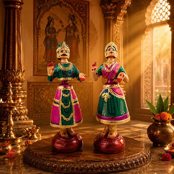 Tanjore Raja Rani set | Golu Bommai set | Navaratri Golu 9inch (pink & green)