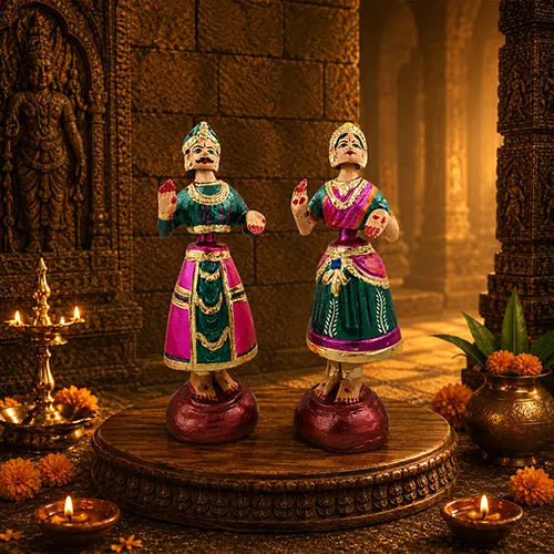 Tanjore Raja Rani set | Golu Bommai set | Navaratri Golu 9inch (pink & green)