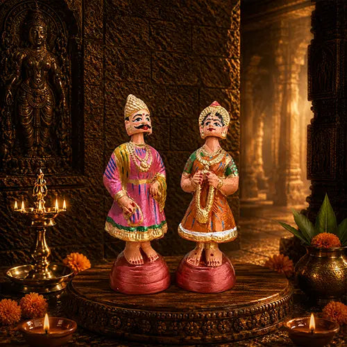 Tanjore Raja Rani Pair| Dancing Doll Pair (Pink & Yellow Color) 11 inch