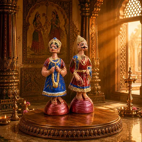 Tanjore Raja Rani Pair| Dancing Doll Pair (Red & Blue Color) 11 inch