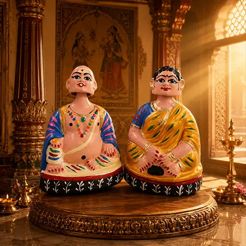 Chettiyar and Aachi thalayatti bommai | Chettiyar and Chettiachi set | Dancing doll Aachi/Chettiyar | Thatha/Patti  (Blue & Yellow)