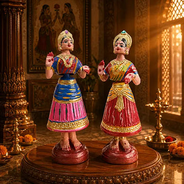 Tanjore Raja Rani set | Golu Bommai set | Navaratri Golu 9inch (Blue, Pink & Red)