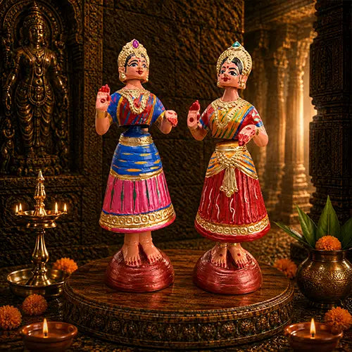 Tanjore Raja Rani set | Golu Bommai set | Navaratri Golu 9inch (Blue, Pink & Red)