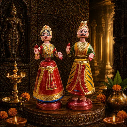 Tanjore Raja Rani set | Golu Bommai set | Navaratri Golu 9inch (Orange, Green & Red)