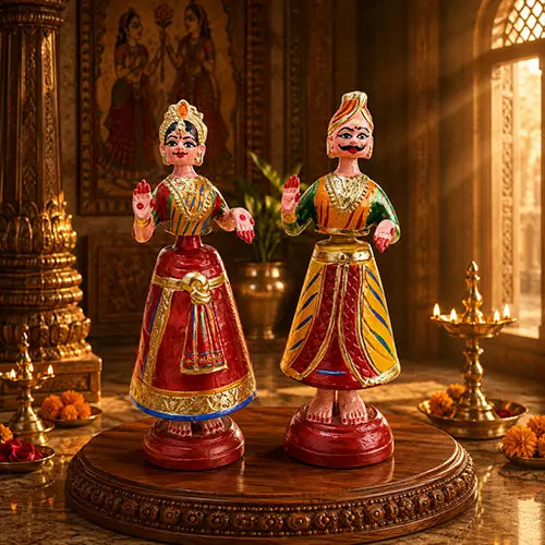 Tanjore Raja Rani set | Golu Bommai set | Navaratri Golu 9inch (Orange, Green & Red)