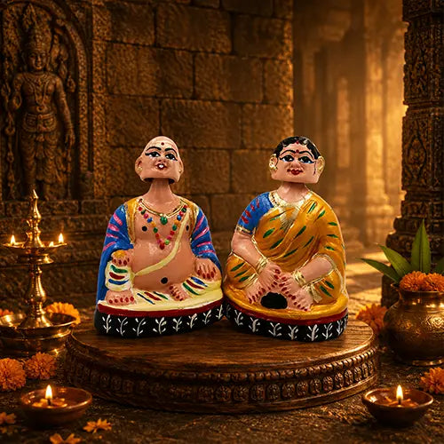 Chettiyar and Aachi thalayatti bommai | Chettiyar and Chettiachi set | Dancing doll Aachi/Chettiyar | Thatha/Patti  (Blue & Yellow)
