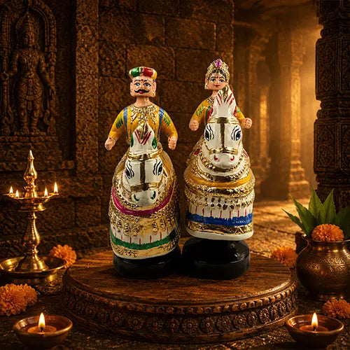 Dancing Doll Raja & Rani in Horse Set (White & Yellow)