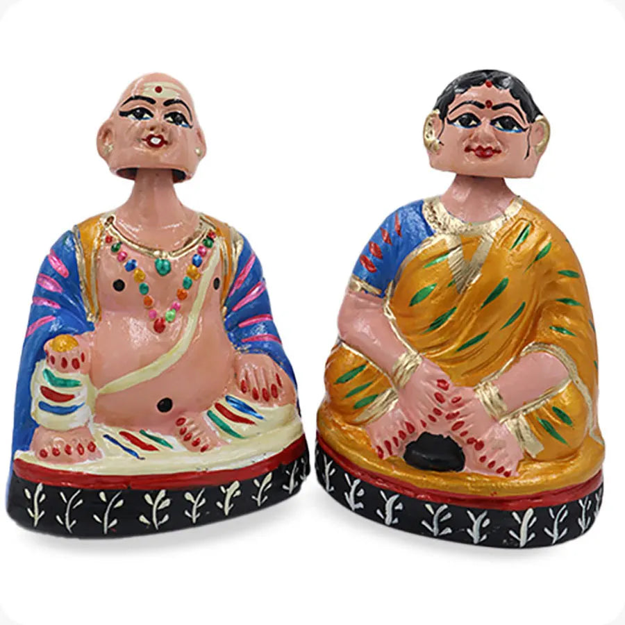 Chettiyar and Aachi thalayatti bommai | Chettiyar and Chettiachi set | Dancing doll Aachi/Chettiyar | Thatha/Patti  (Blue & Yellow)