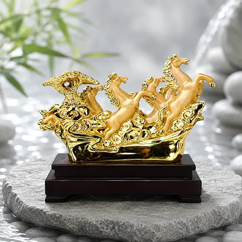 feng shui 5 Golden Running Horses Showpiece