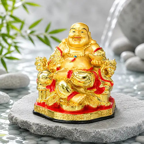 Golden feng shui Laughing Buddha Statue Sitting