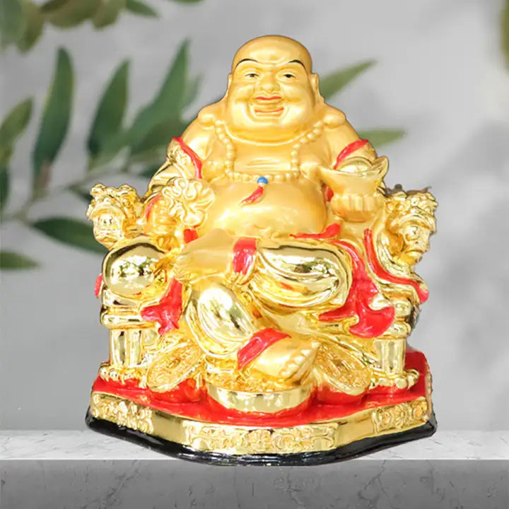 Golden feng shui Laughing Buddha Statue Sitting