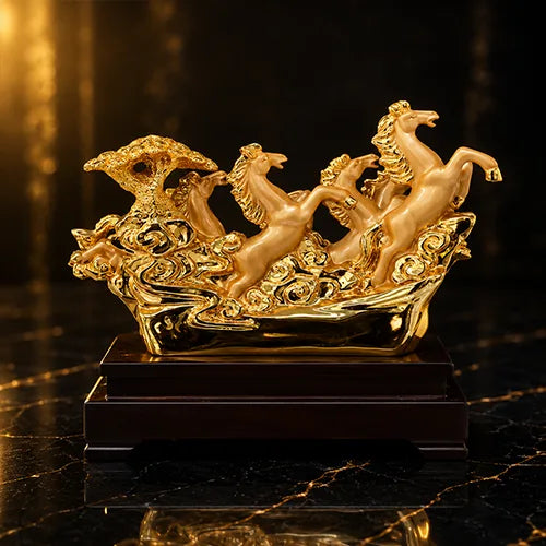 feng shui 5 Golden Running Horses Showpiece