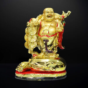 PICKARTMEa Feng Shui Laughing Buddha Figurine | Happiness and Money Wealth Sitting Idol Decor for Pooja Ghar, Office & Home Temple (Gold)